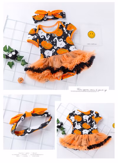 Baby Girls Halloween Pumpkin Bodysuits Tutu Lace Skirt with Headband Esg16387