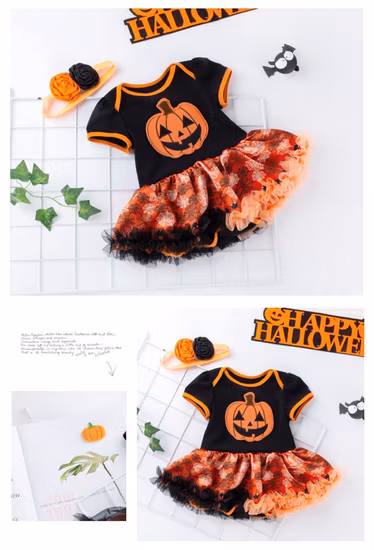 Baby Girls Halloween Pumpkin Bodysuits Tutu Lace Skirt with Headband Esg16387