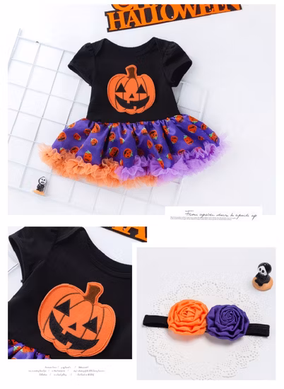 Baby Girls Halloween Pumpkin Bodysuits Tutu Lace Skirt with Headband Esg16387