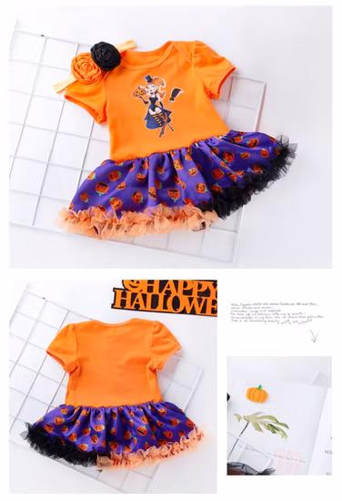 Baby Girls Halloween Pumpkin Bodysuits Tutu Lace Skirt with Headband Esg16387